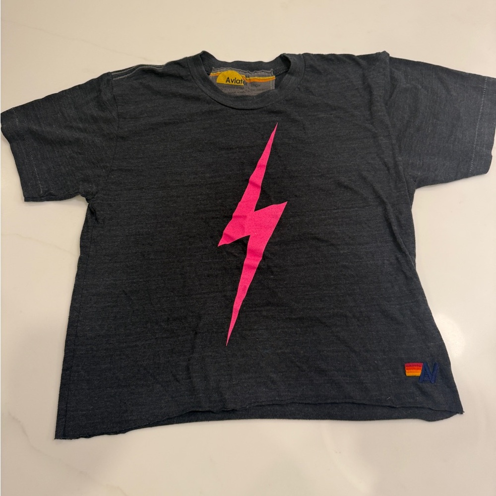Women’s Aviator Nation Charcoal Tee with Neon Pink Lightning like new